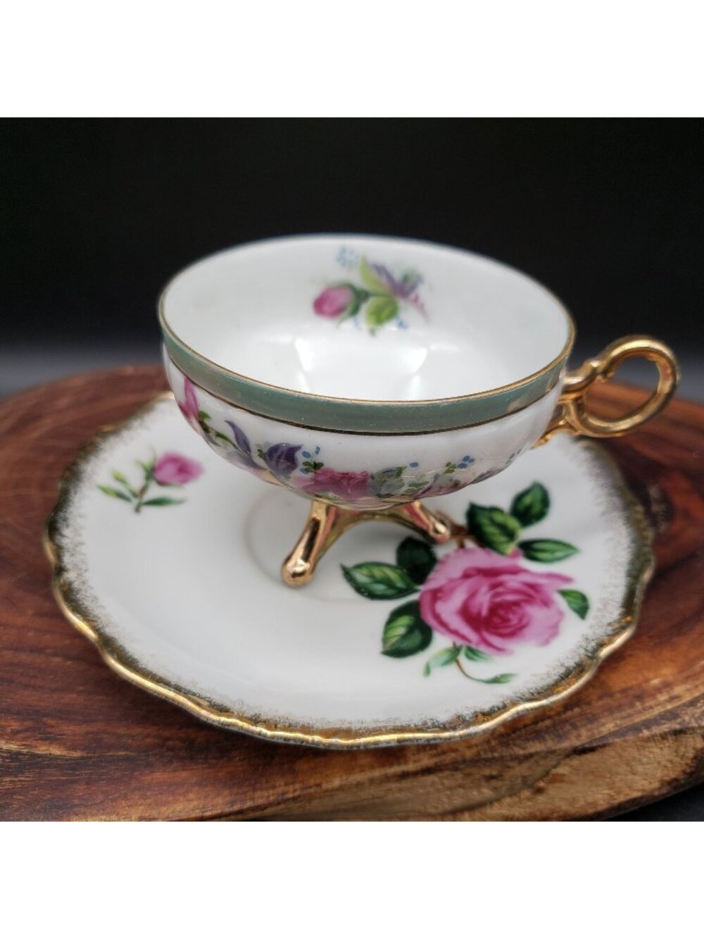 Vintage Japan Footed Teacup Saucer Pink Rose Gold Trim Pedestal Cup